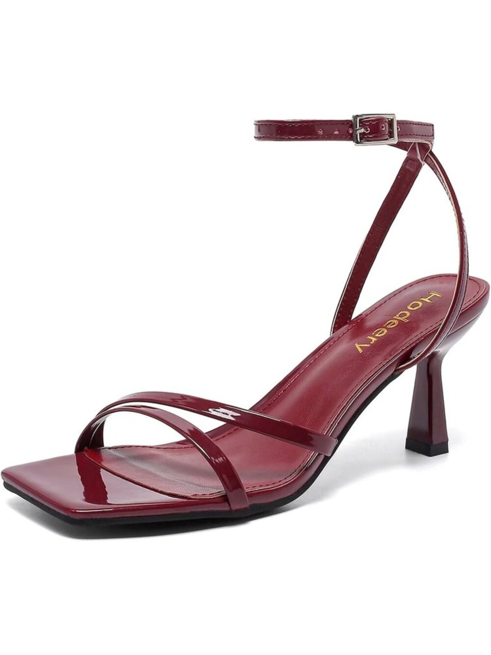 Women's Burgundy Square Open Toe Kitten Stiletto Ankle Strappy Dress Heel Sandal